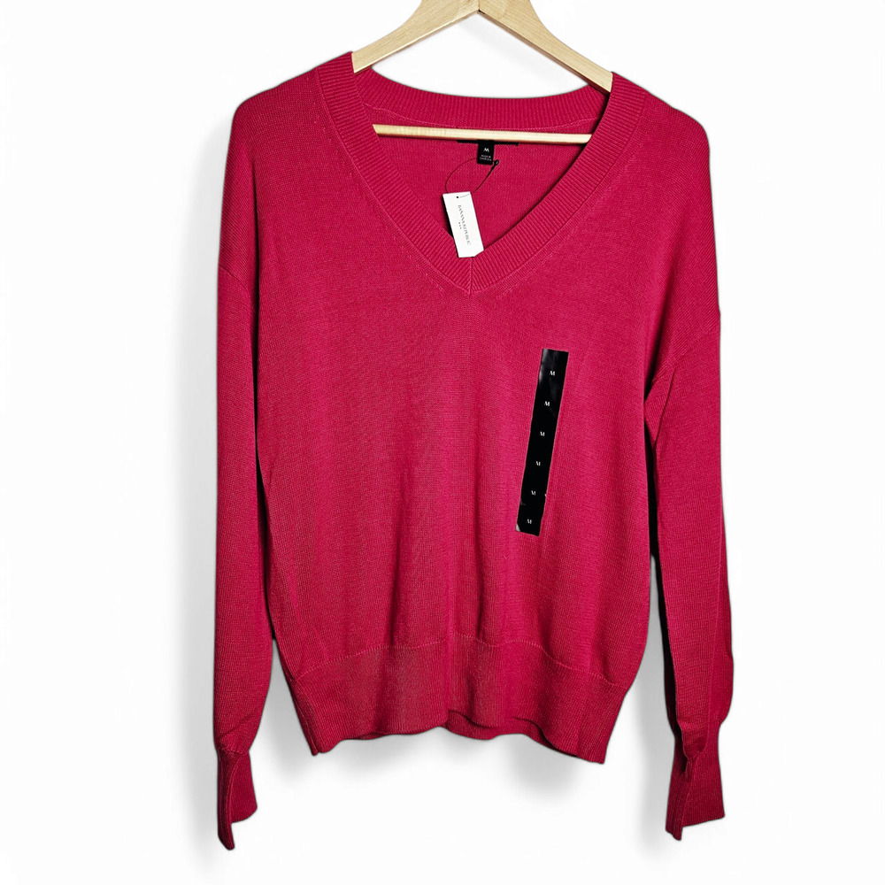 Banana Republic NWT Women's Berry Pink Knit Bishop Sleeve V-Neck Sweater Size M
